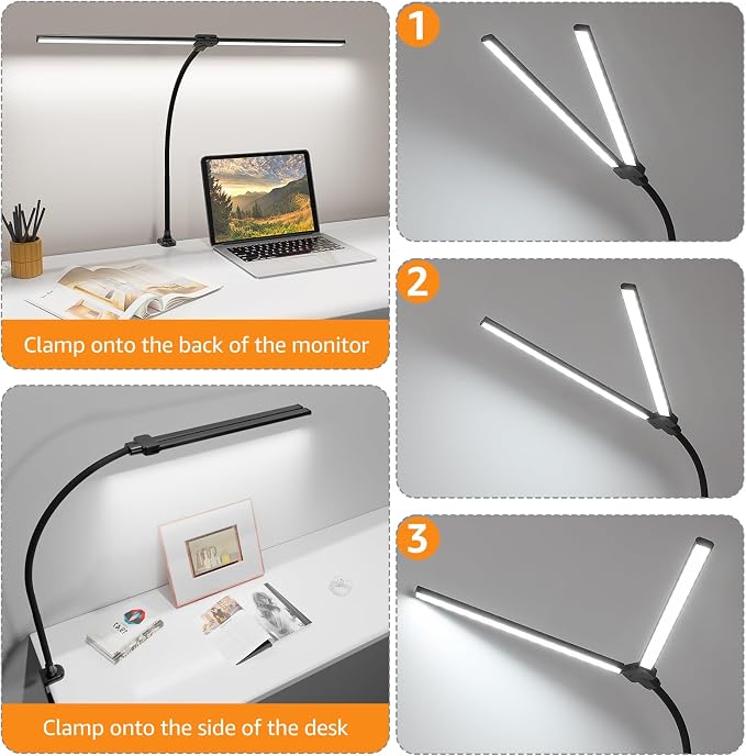 ShineTech LED Desk Lamp for Home Office, Ultra Bright Clamp Light with Flexible Gooseneck, 25 Lighting Modes, Eye-Caring Architect Lamp for Dual Monitors, Reading & Gaming Setup