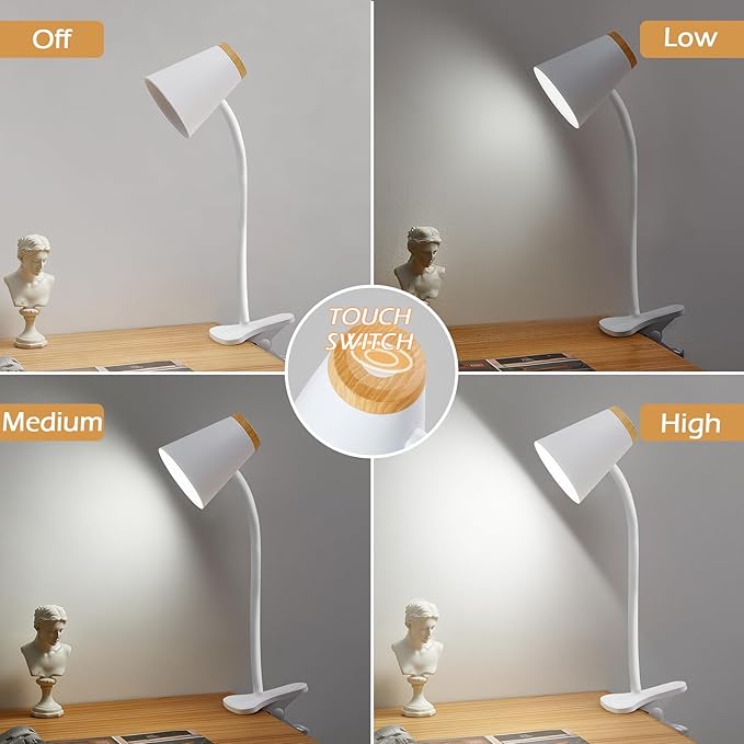 EJIAXIN Clip on Desk Lamp for Home Office - Small LED Touch Dimmable Reading Light for College Dorm Room - Adjustable Flexible Gooseneck Clamp Light Table Lamp for Bedside Bedroom Bed Headboard White
