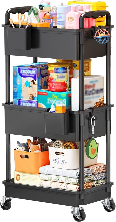 SUNALLY Baby Diaper Caddy Cart,3 Tier Rolling Diaper Cart for Nursery | Large Capacity & Easy Assemble Diaper Storage Organizer with Lockable Wheels for Newborn, New Mom, Baby Girl Boy Essentials