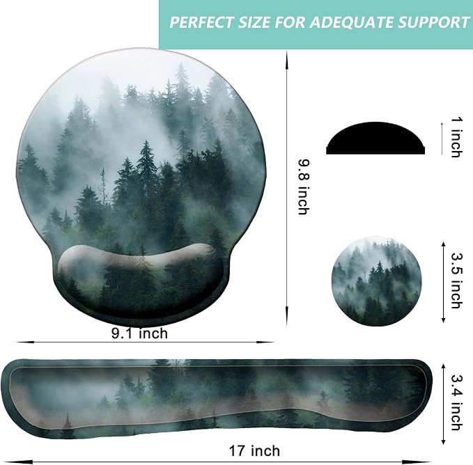 Keyboard Wrist Rest Pad Mouse Pad with Wrist Support Set of 3, Mousepad with Non-Slip Rubber Base, Ergonomic Memory Foam Mouse Wrist Cushion Support for Home Office Laptop Computer Gaming, Forest