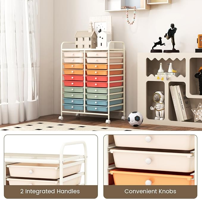RELAX4LIFE 20 Drawer Rolling Storage Cart, Mobile Rolling Cart w/Drawers for School Classroom Teacher Office Home Salon, Paper File Art Supply Craft Organizer, Utility Cart on Wheels (Macaron)