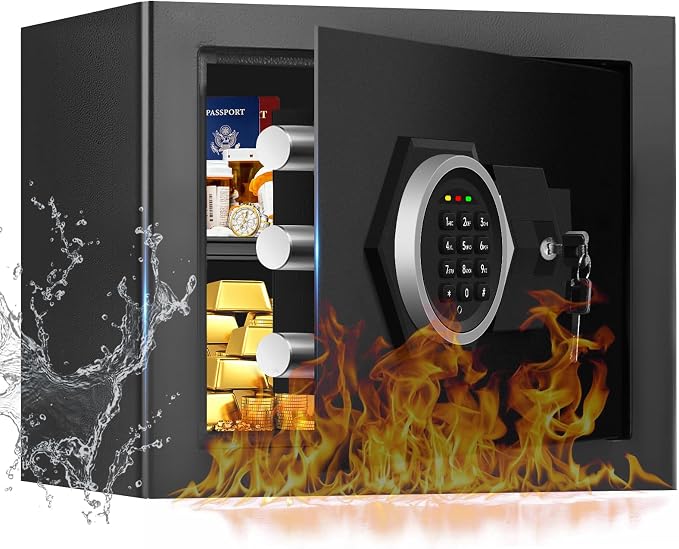 1.2 Cubic Feet Small Fire Safe Box for Home, Fireproof Lock Box, Security Money Safe with Digital Keypad, Spare Keys and Removable Shelf, Personal Home Safes for Money, Jewelry, ID Documents