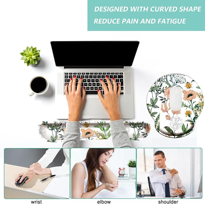 Keyboard Wrist Rest Pad Mouse Pad with Wrist Support Set of 3, Mousepad with Non-Slip Rubber Base, Ergonomic Memory Foam Mouse Wrist Cushion Support for Home Office Laptop Computer, Flower White
