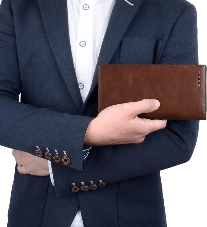 VISOUL Leather Checkbook Cover Wallet for Men with RFID Blocking, Mens Long Bifold Cash Tall Wallet with 11 Credit Card Slots 1 ID Window (Brown)