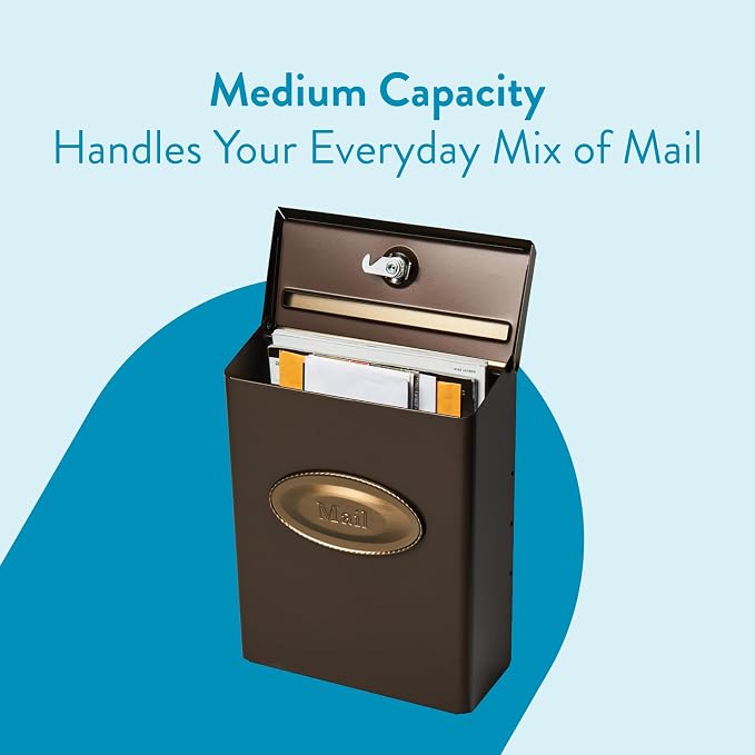 Architectural Mailboxes Designer Locking Wall Mount Mailbox, Bronze, Medium | Galvanized steel build with a concealed lock and key drop box and weather-resistant outdoor construction.