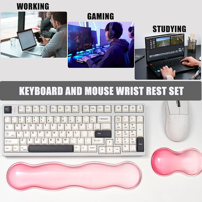 Ergonomic Gel Keyboard and Mouse Wrist Rest Set – Pink Clear Wrist Rest for Computer Keyboard 60%/68%/75%, Keyboard Cushion, Comfort & Support for Typing and Gaming