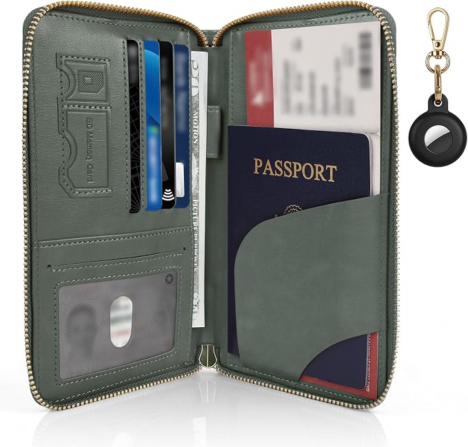 RFID Blocking Passport Wallet, PU Passport Pouch for Travel, Green | Concealed Wallet with Tracker Case, Wristlet Strap Security Travel Document Organizer Protector Wallet, Gifts for Women Men