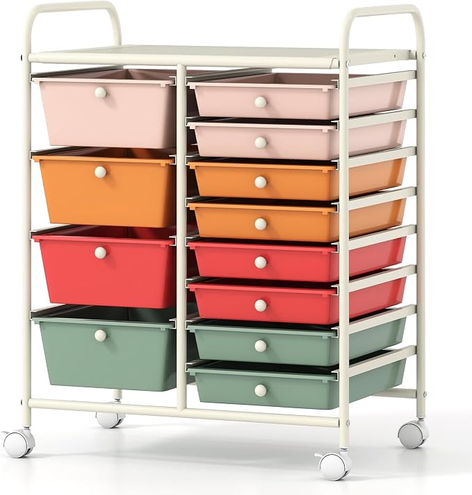 COSTWAY 12 Drawer Rolling Storage Cart, Utility Cart with Metal Frame | Mobile Art Supply Craft Organizer, Multipurpose Storage Organizer for Paper, Office, School Teacher, Classroom, Macaron