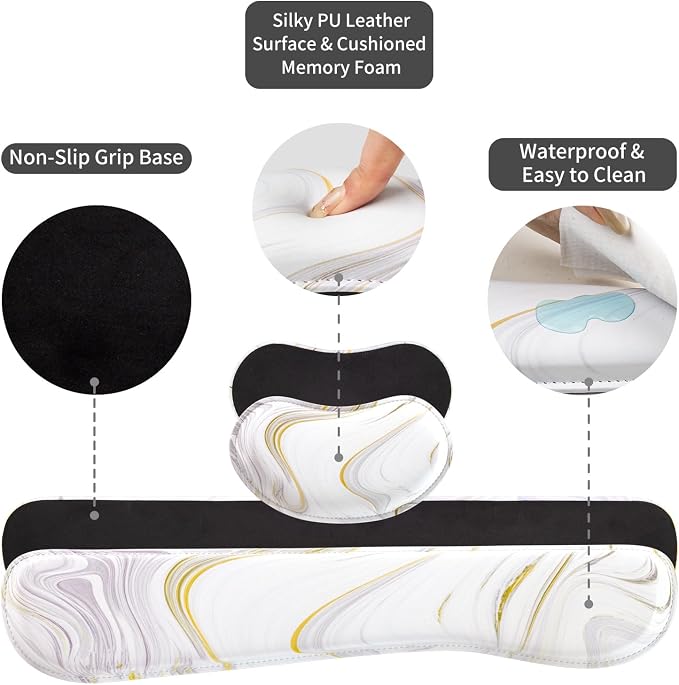 QIYI PU Leather Desk Mat Set, 4-in-1 Ergonomic Wrist Rest, White Marble | Waterproof Large Mouse Pad 31.5×15.7 + Keyboard Wrist Rest + Mouse Wrist Support+Coaster, Non-Slip Office Gaming Accessories
