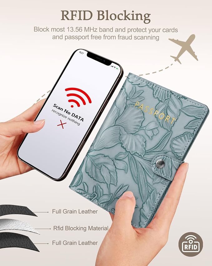 Slohif Elegant RFID Passport Holder for Travel with AirTag Dusty Blue | Floral Embossed Passport Wallet for Women, Slim Vegan Leather Travel Organizer with Money Pocket and Card Slots