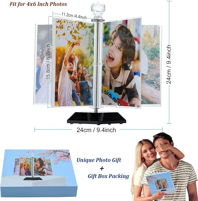 ZEEYUAN Rotating Acrylic Photo Frame DIY Multiple Picture Frame 5 Double Sides/Insert 10 Pcs of 4x6 Inch Photos,360° Rotation Windmill Picture Frame Desktop Photo Display