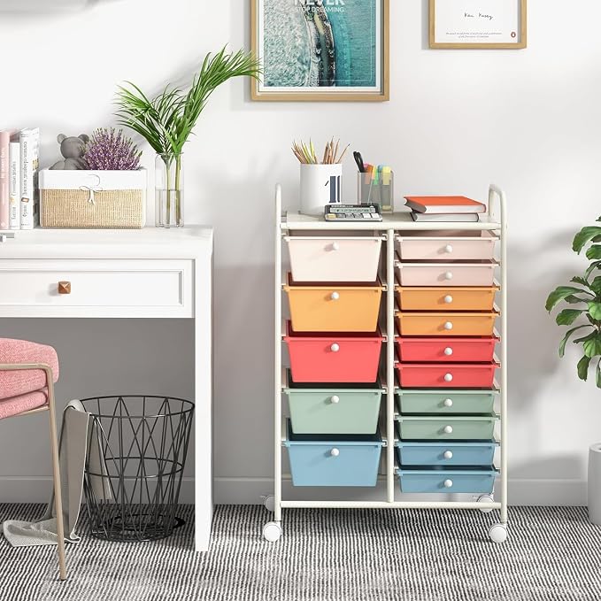 15 Drawer Rolling Storage Cart, Rolling Cart with Drawers for Classroom, Art Supply Craft Organizer on Wheel with Metal Frame & Handles for Home Office School