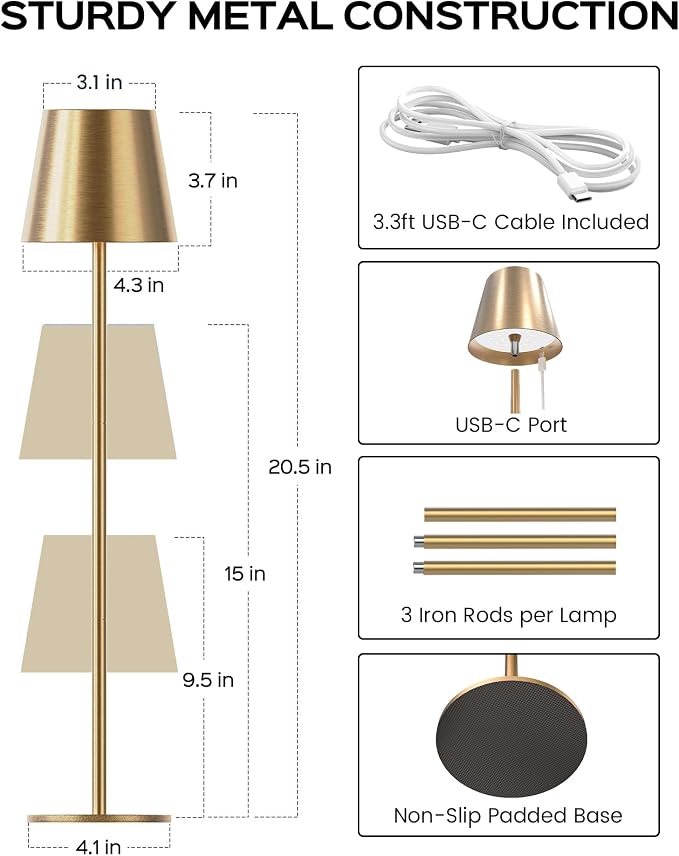 JACKYLED Cordless Table Lamps Rechargeable, 3 Adjustable Height, 5000 Capactiy Operated, 3 Colors Smooth Dimming, Portable LE