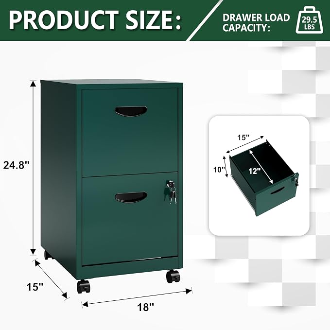 Polup 2 Drawer Rolling File Cabinet with Lock for Home Office | Metal Mobile Filing Cabinet on Wheels, Small Under Desk Storage, Fits Hanging Letter Size, Printer Stand, Green