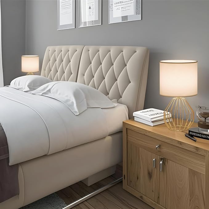 Brass Gold Table Lamp, Small Bedside Nightstand Lamp with White Fabric Shade, Metal Base Modern Geometric Desk Lamp for Bedrooms Living Room Office Kids Room