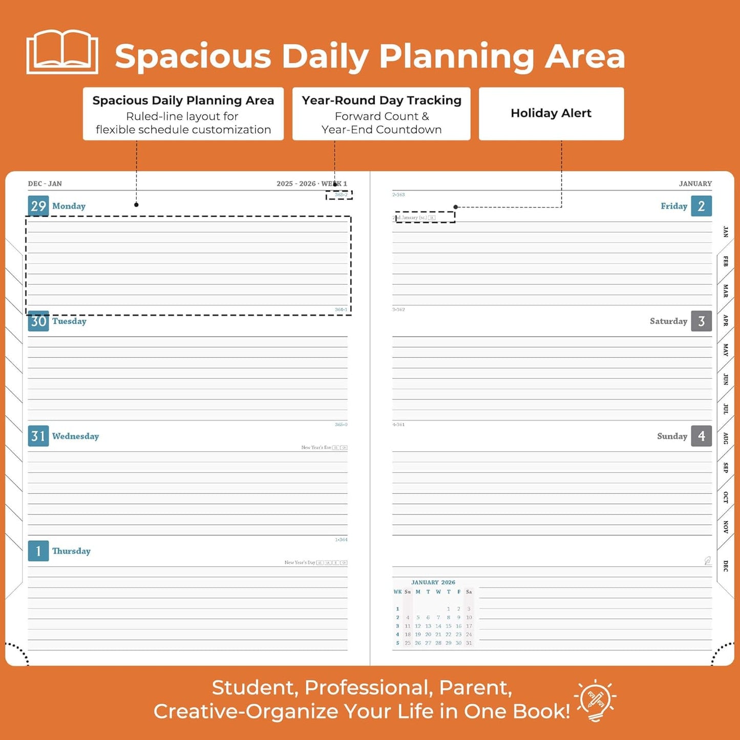 IN-LUXPRO Weekly Monthly 2026 Planner (Jan.26-Dec.26),8.5"x6.5",12 Months Agenda Plan with Month Tabs & Pocket,Expenses/Note Pages, Appointment Book Calendar with Hardcover Vegan Leather Cover,Orange