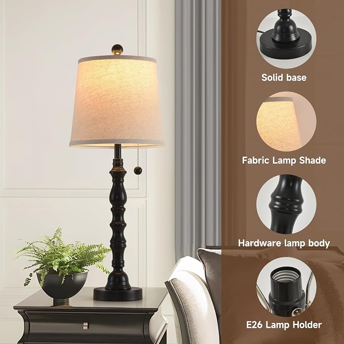 Terpsichore Modern Farmhouse Table Lamp Bedside Reading Lamps Living Room End Tables Set Lamps for Night Stands Bedroom Night Lamp,High 26.26 Inch,Black,with Fabric Lamp Shade,Bulb Not Included