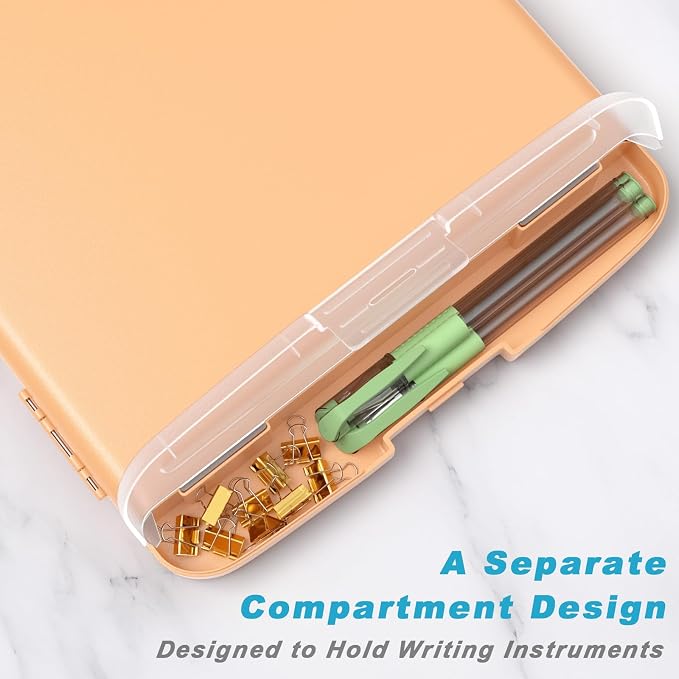 Rimilak Clipboard with Storage, 8.5 x 11'' High Capacity Clip Board, Orange | Smooth Writing, Side-Opening Plastic Folder with Pen Holder, Size 14.2 x 9.6 x 1.2″ ,for Classroom, Teacher, Student