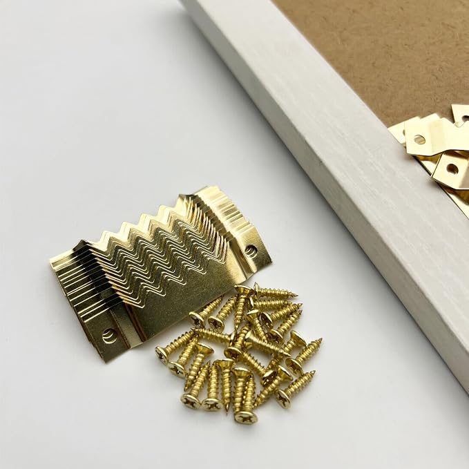 30 Pack Large Sawtooth Picture Hangers Steel Picture Hanging Picture Frames Hangers with Screws Picture Hang Solutions, for Hanging Artwork Picture Frame Hook Photos (Gold，Supports 50 lbs)