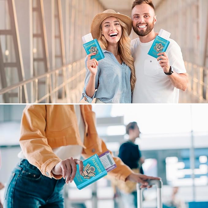 Passport Holder for Travel Men, RFID Blocking Passport Wallet Cover Case, Waterproof Leather Travel Wallet for Men Women, Document Protector for Traveling Accessories-Lake Blue
