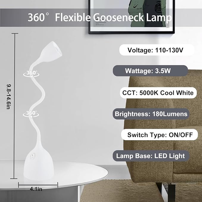 EJIAXIN Desk Lamp for College Dorm Room - LED Reading Light - Small Adjustable Flexible Gooseneck Table Lamp - Eye-Caring Desk Lamp for Home Office Study Lamp, White