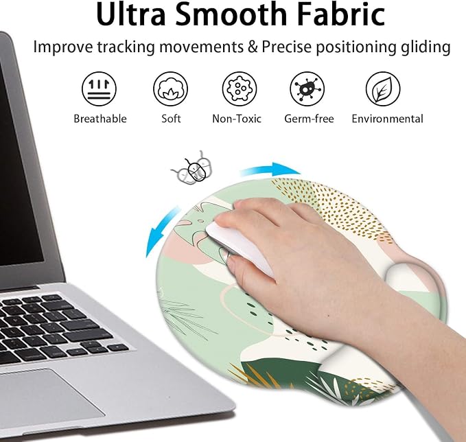Ergonomic Mouse Pad Set with Wrist Rest, Boho Leaves | Green Non-Slip Rubber Base Wrist Cushion Support and Coasters Mousepad with Wrist Support for Computer Keyboard