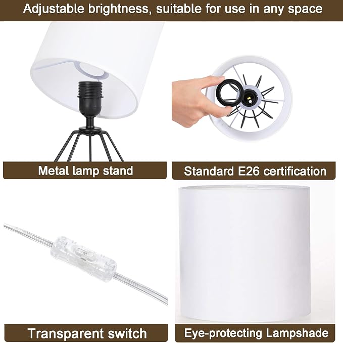 Small Table Lamp Set of 2 Black, Bedside Lamps with Metal Cage & Linen Lampshade, Cute Desk Lamps for Nightstand, Bedroom, Kids Room, Office
