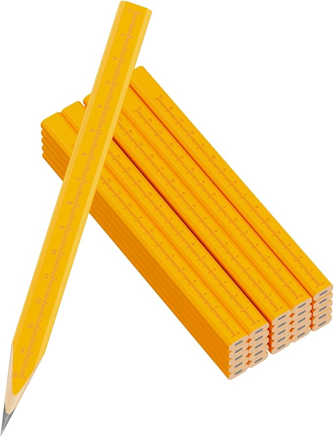 25 Pack Carpenter Pencils with Ruler - Flat Yellow Octagonal Woodworking Pencils for Construction, Marking, Framing - Hard HB Graphite