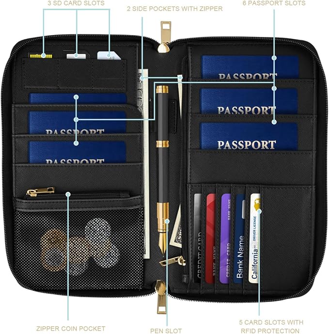 Family Passport Holder Wallet RFID Blocking Document Organizer | PU Leather Mulit-purpose Travel Wallet Credit Cards Case for Women Men
