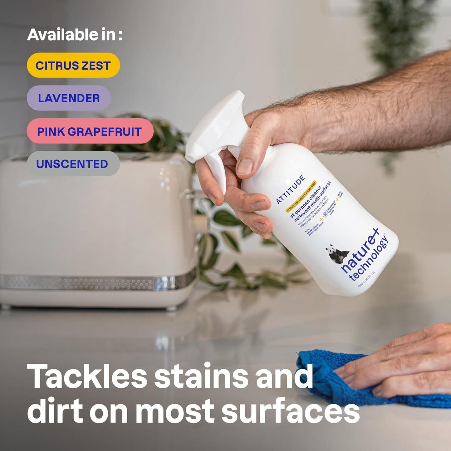 ATTITUDE All Purpose Cleaner Spray, EWG Verified, Vegan, Made with 94% Plant-Based Ingredients, Streak-Free for Kitchen, Bathroom, Glass & More, Unscented, 27.1 Fl Oz