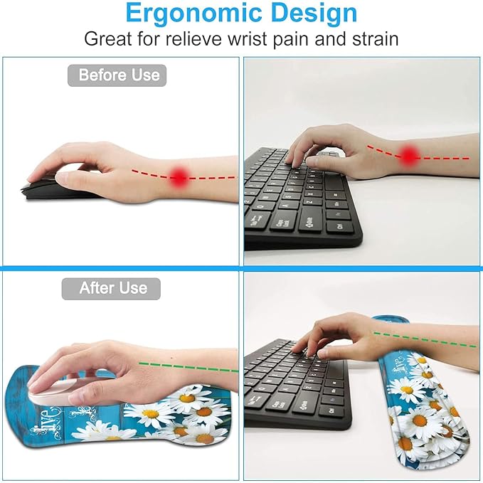 Keyboard Wrist Rest and Mouse Wrist Rest Pad with Coaster,Made of Memory Foam,Ergonomic Support,Easy Typing & Pain Relief,for Home Office Working Studying,Daisy Flowers Quote Live Love Laugh