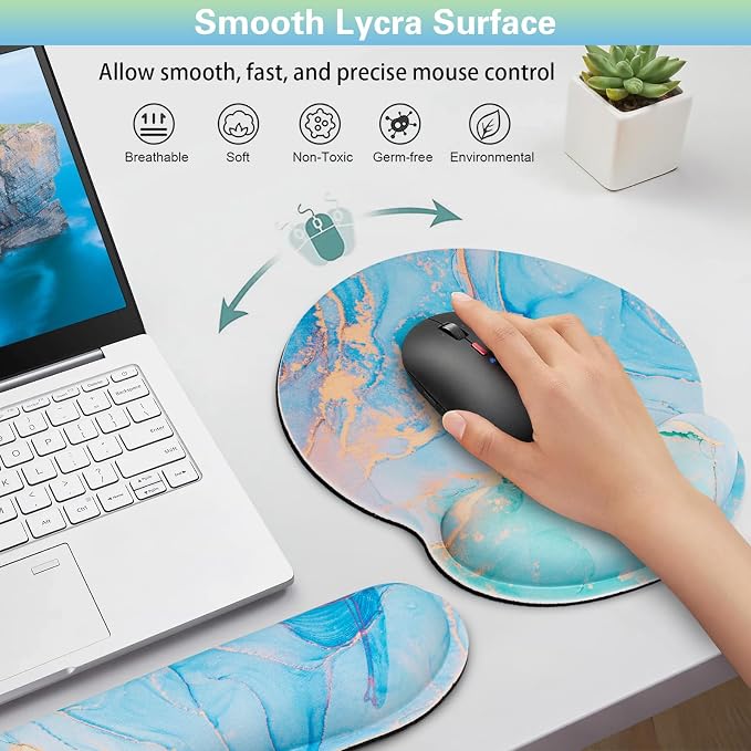 Mouse Pad Blue, 3-in-1 Mouse Pad with Wrist Rest for Keyboard and Mouse | Gaming Mousepad with Anti-Skid Base,Ergonomic Memory Foam Keyboard Gel Wrist Rest, Office Desk Accessories for Women
