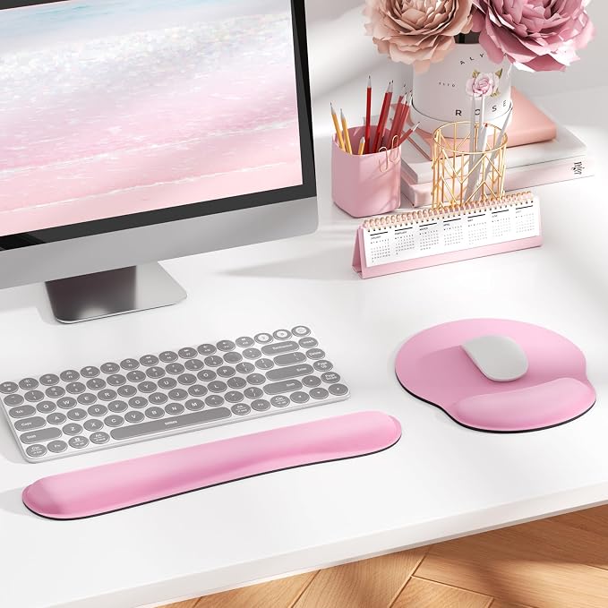 KTRIO Keyboard Wrist Rest & Mouse Pad with Wrist Rest, Pale Pink | Memory Foam Wrist Support, Ergonomic Design, Non-Slip Base, Office and Home Use