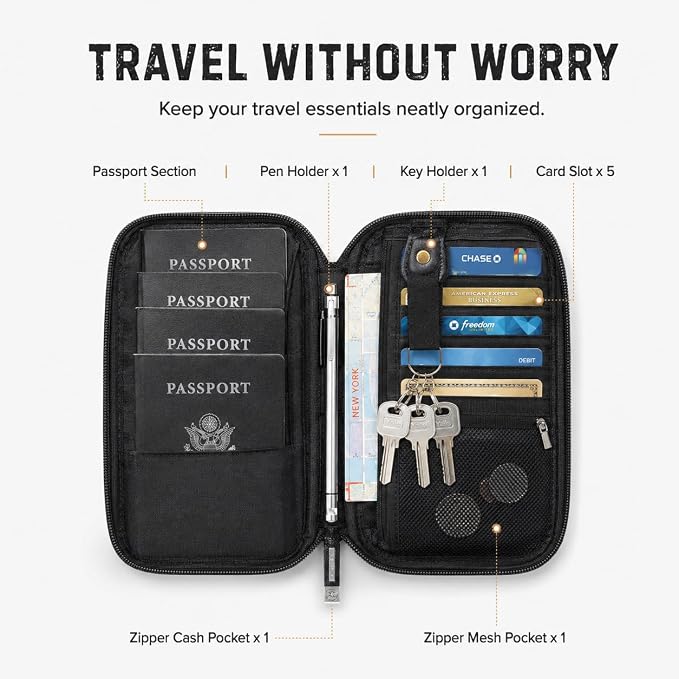 Travel Passport Holder - Family Passport Wallet Holder, Lightweight Portable Travel Document Organizer Passport Card Cover with Zipper Pocket (Black)