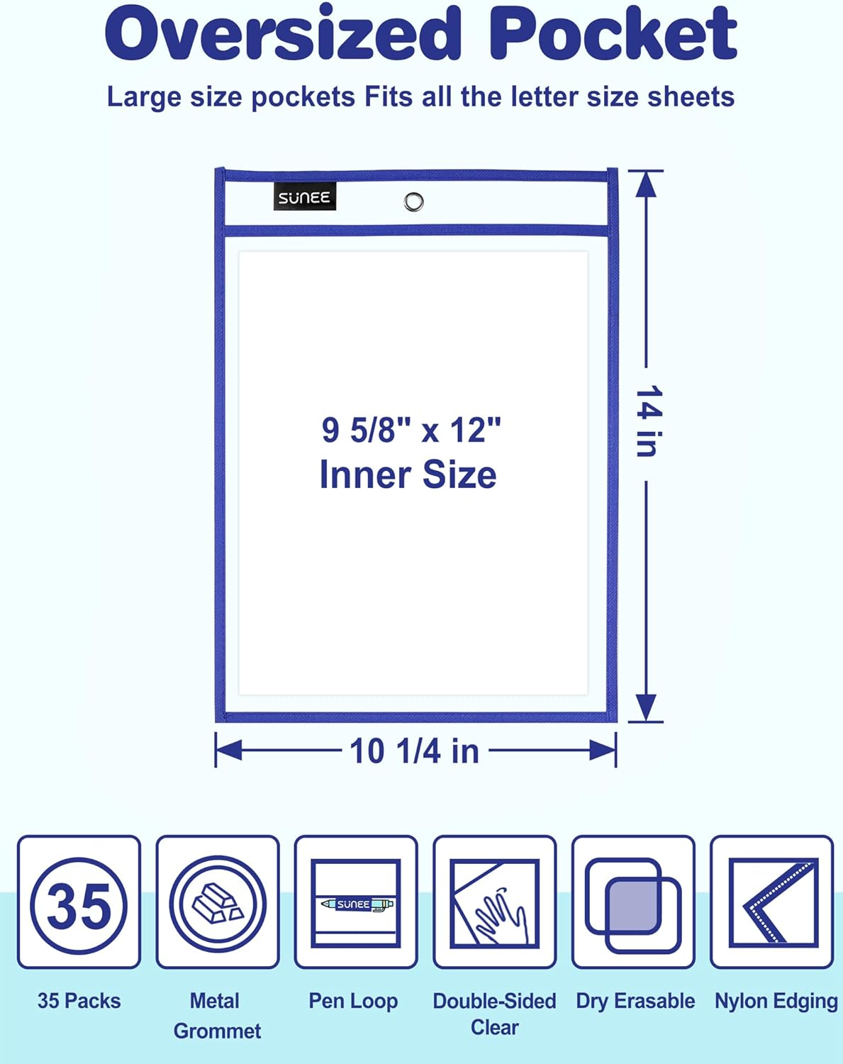 SUNEE 35 Packs Oversized Reusable Dry Erase Pocket Sleeves with 2 Rings, 10 Assorted Colors 10x14 Ticket Holders, Clear Plastic Sheet Protectors, Teacher School Classroom Supplies