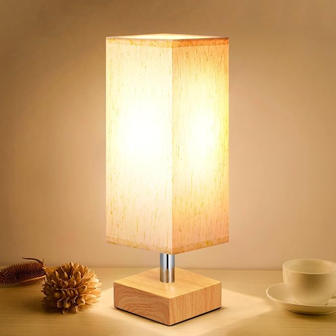Wood-Grain Small Bedside Lamp for Bedroom - Square Cream Fabric Shade | Inline Rocker Switch, Corded Electric, Bulb Not Included, 12.8" Mini Table Lamp for Nightstand, Desk, Dorm, Office