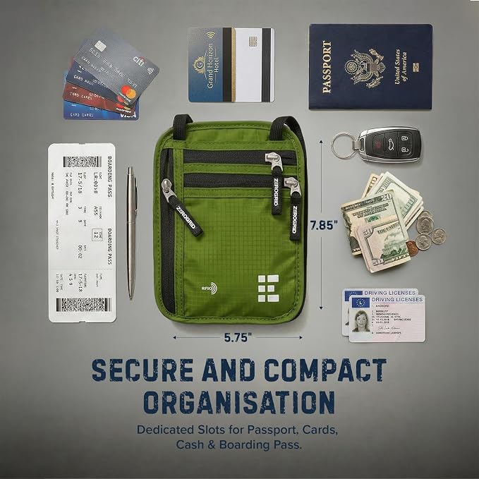 Zero Grid RFID Travel Neck Wallet, Large Passport Holder, Green | Slim & Concealable Travel Pouch for Men & Women; Holds Phone, Cash, Cards, Keys, Waterproof; 4 compartments; Adjustable Strap