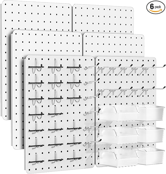 Steel Pegboard Tool Wall Organizer, 6 Pack 14.76 x 10.82 in, 6 Bins, White | 6 clear storage bins organize screws and small parts; 36 hooks and 30 peg locks keep garage tools sorted and easy to reach.