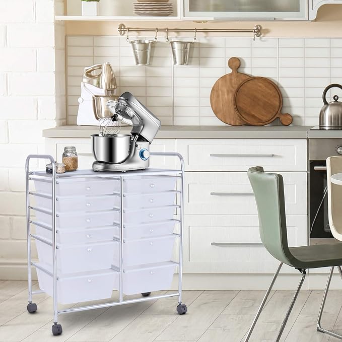 12 Drawer Rolling Storage Cart, Craft Cart Organizer on Wheels w/Metal Frame, Large Capacity & Smooth Drawer, Rolling Cart w/Drawers for Classroom, Office