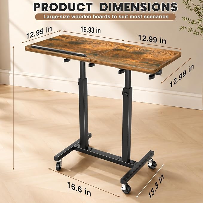 Elowen Rolling Laptop Desk with Wheels, Double-Pole Portable Overbed Table | Mobile Tilting Small Standing Desk, Large-Size Adjustable Height Computer Desk for Office Home Use