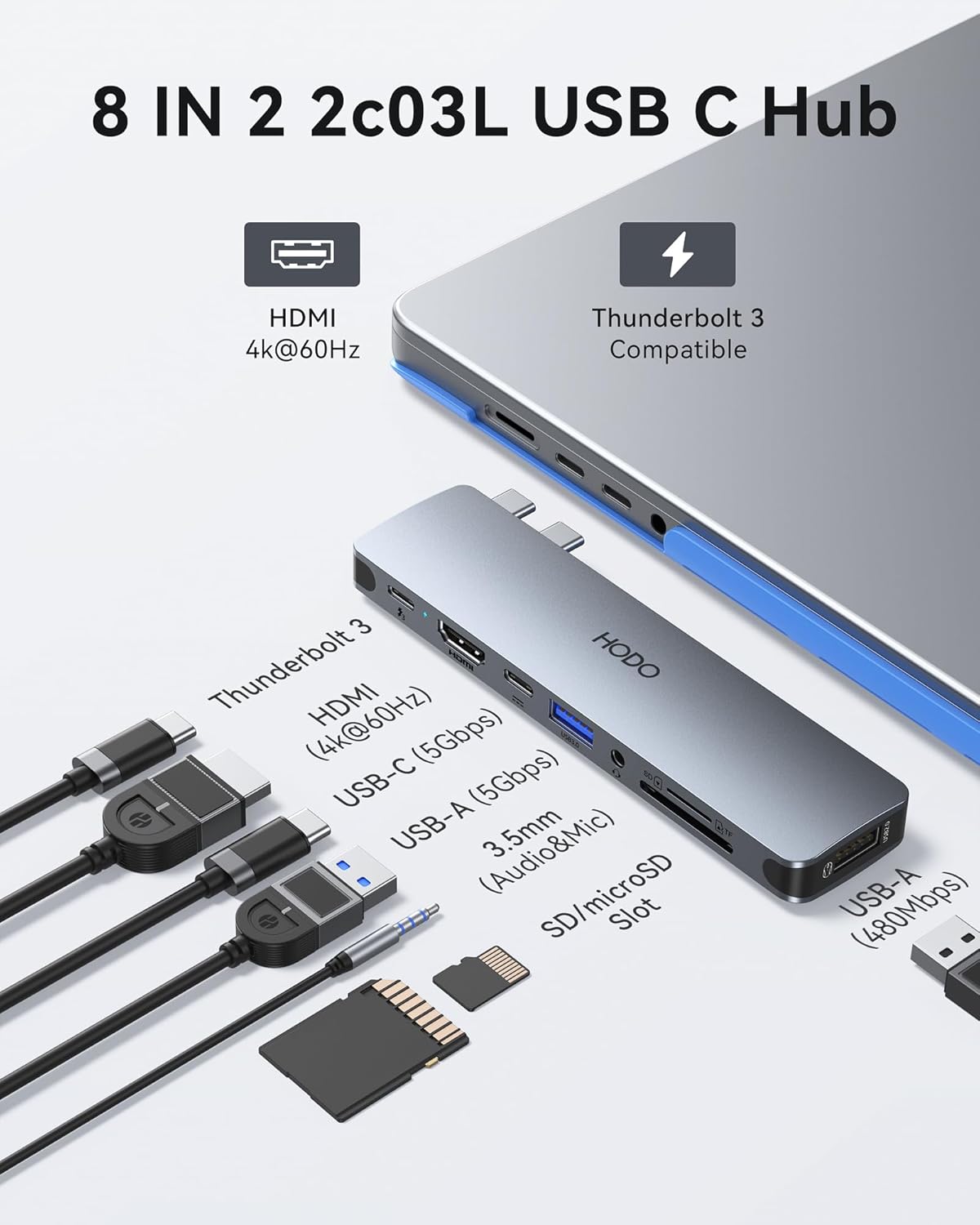USB C Adapter Hub for MacBook Pro Air 2025-2018, Mac Adapter Multiport for MacBook 13" 15" 16", Mac Accessories Hub 8 in 2 with HDMI Thunderbolt 3 USB-C USB 3.0 2.0 SD/TF Card Reader