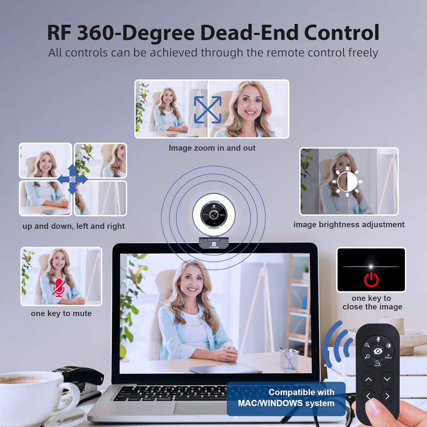 Zoomable Webcam with Remote Control, 1080P 60FPS Streaming Webcam with Adjustable Ring Light and Tripod, Pro USB 5X Digital Zoom Webcam for Zoom/Skype Teams/Laptop/Mac Windows