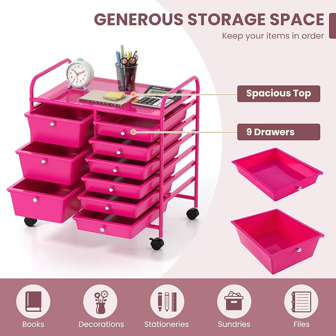 COSTWAY Rolling Storage Cart with 9 Drawer, Utility Cart with Metal Frame | Mobile Art Supply Craft Organizer, Multipurpose Storage Organizer for Paper, Office, School Teacher, Classroom, Hot Pink