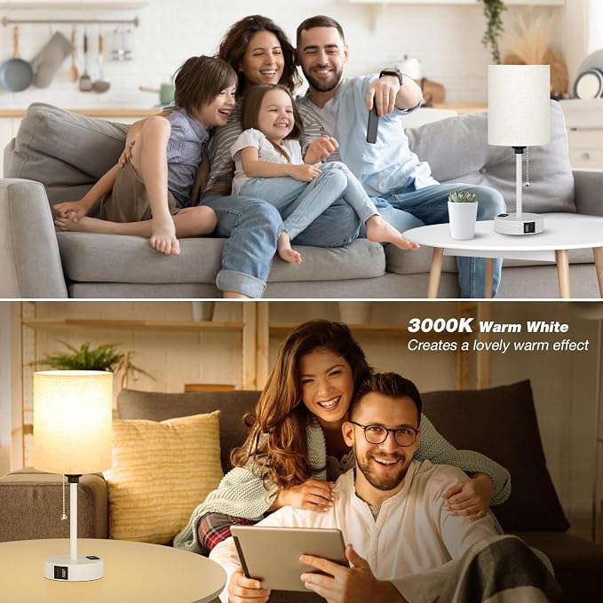 Small Bedside Table Lamp for Bedroom, Desk Lamp with USB Ports for Dorm | USB A+C Ports, AC Outlet, 3 Color Temperatures, LED Bulb Included, Linen-Fabric Shade, Matte White Base, 14" Night Stand Lamp