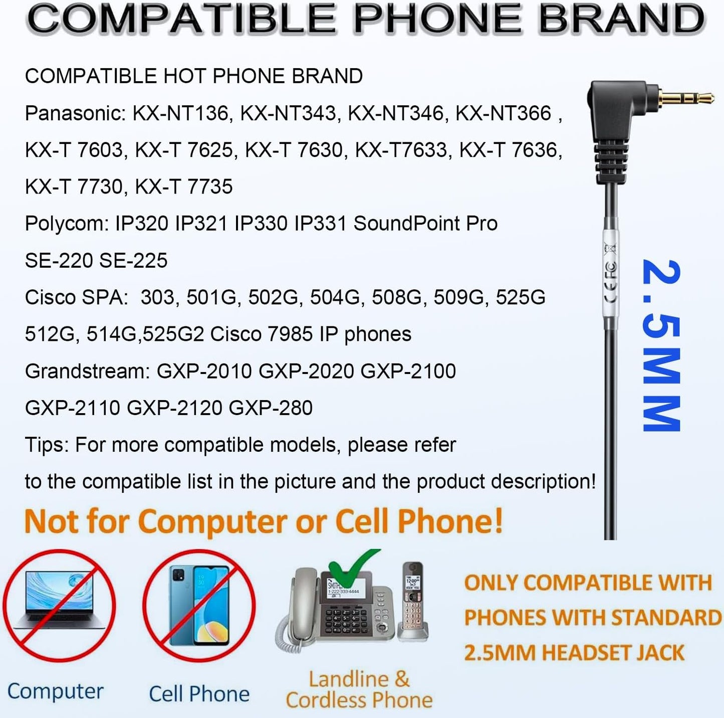 Phone Headset 2.5mm with Microphone, Noise Cancelling & Volume Controls, Telephone Headphone Compatible with Panasonic, Cisco, Polycom, Gigaset's 2.5mm Jack Phone Headset