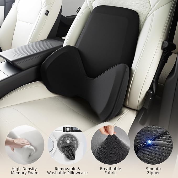 BEBAS Ergonomic Memory Foam Extended Lumbar Support Pillow for Car, Black | Extended Full Back Support, 2-in-1 Detachable Design Lumbar Cushion, Breathable Washable Cover, Fits for Driving, Office