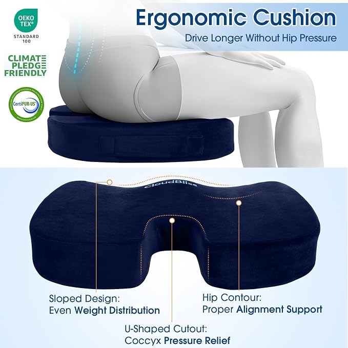 CloudBliss Lumbar Support Pillow & Seat Cushion Set for Office Chair, Desk Chair, Wheelchair & Car–Memory Foam Back Support,Ergonomic Chair Cushions, Sciatica Pain Relief,Home Essentials(Blue,XL)