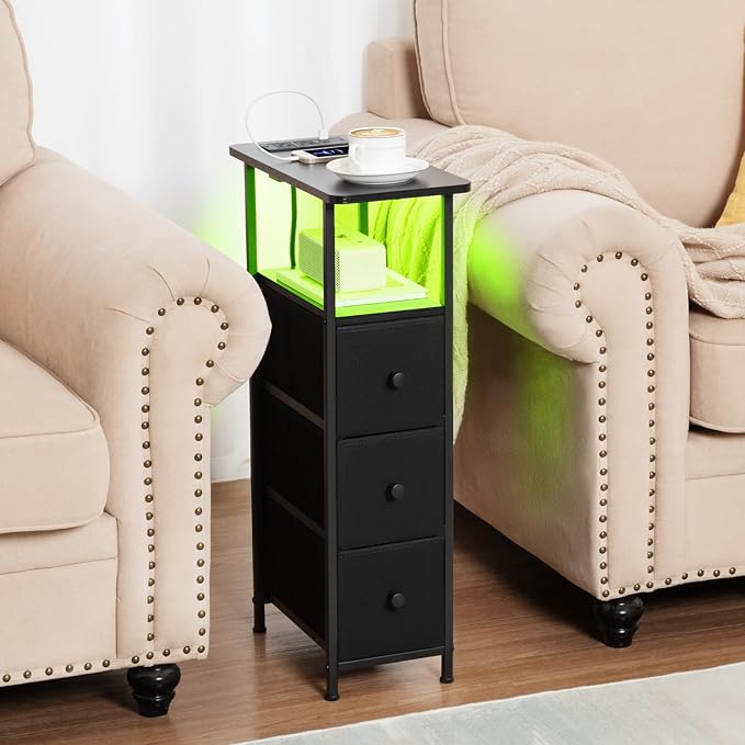 Narrow End Table with Charging Station, Small Nightstand | Skinny Side Tables Living Room with 3 Fabric Drawers, Bedside Table with LED Lights for Bedroom, Small Spaces, Black