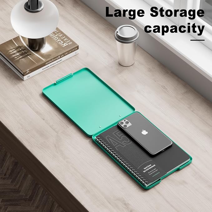 Hongri A5 Clipboard with Storage, Metal Retractable Pen Holder, Green | 6 x 9'' Nursing Plastic Foldable Clip Board, Size 9.4 x 6.1 x 0.9 in, Menu Box for Work, Office & School Supplies