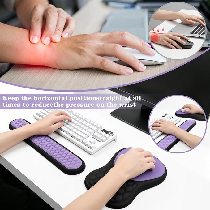 Wrist Rest for Computer Keyboard and Mouse Pad Set with Massage Design | Ergonomic Memory Foam Wrist Support Mouse Pad for Pain Relief,Easy Typing,Desk Wrist Pad for Office Home(2-in-1 Black+Purple)